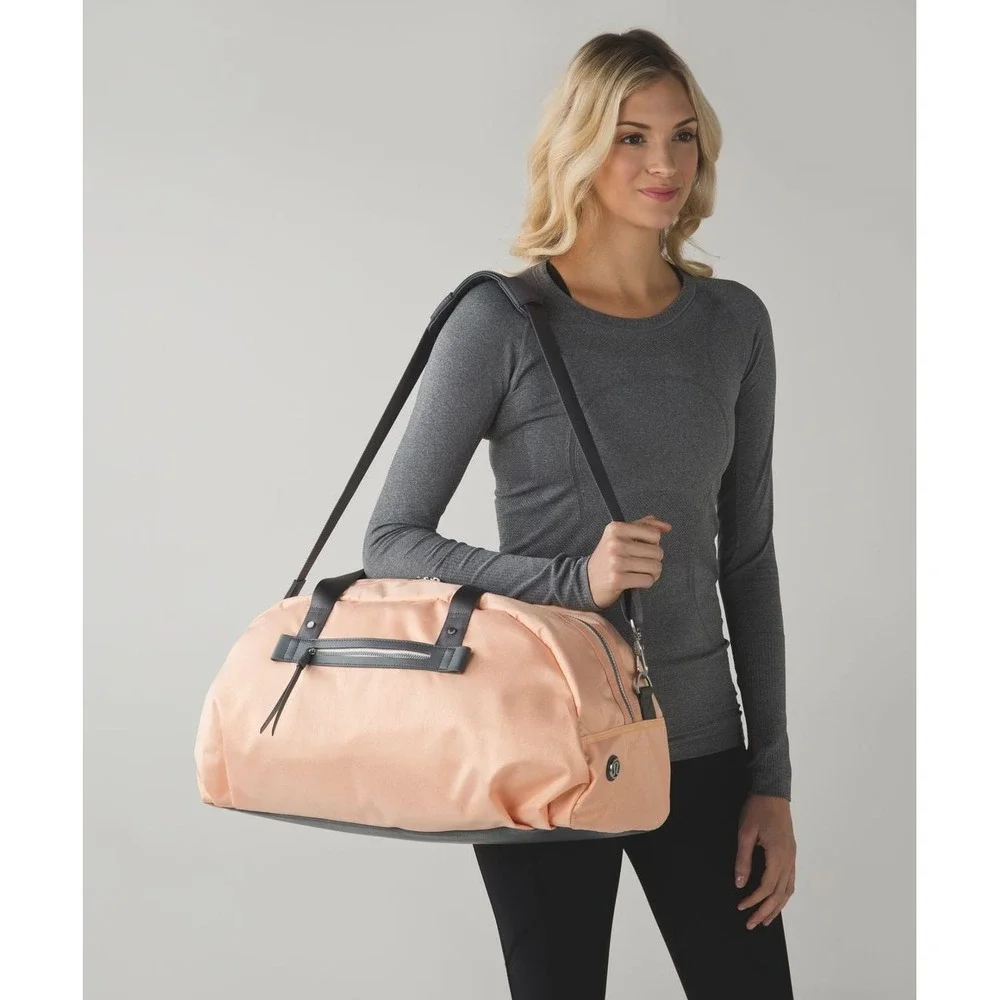 Lululemon All You Need Duffel Gym Yoga Bag Peach Fuzz Gray Straps 31L DAMAGED